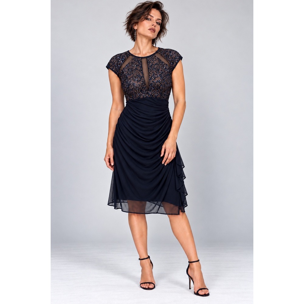 B&A Betsy & Adam 14 Navy Sequin Lace Ruched Cocktail Dress